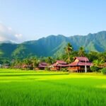 Lanskap desa Tanjung Alai dengan sawah hijau dan rumah kayu.