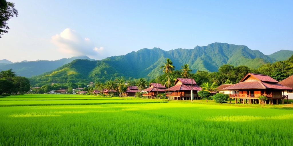 Lanskap desa Tanjung Alai dengan sawah hijau dan rumah kayu.