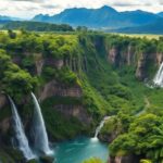 Pemandangan indah alam Indonesia dengan gunung dan air terjun.