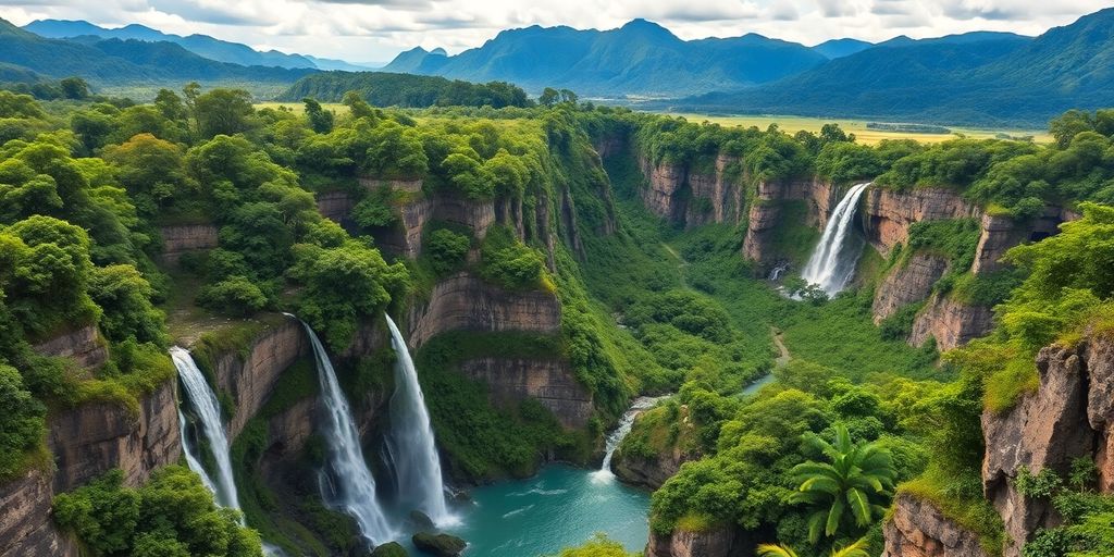 Pemandangan indah alam Indonesia dengan gunung dan air terjun.