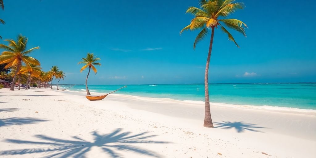 Pantai dengan pasir putih dan air biru jernih