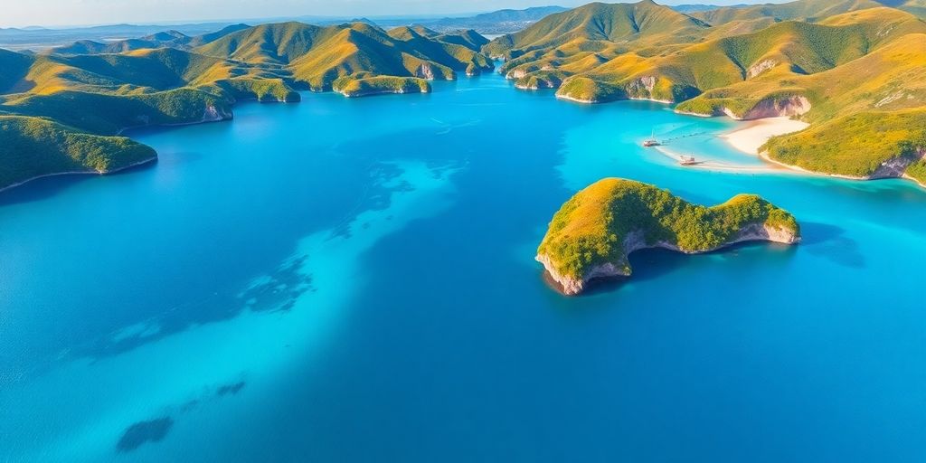 Pemandangan alam dengan bukit hijau dan pantai tersembunyi.