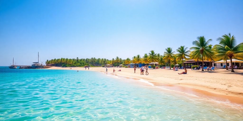 Pemandangan pantai dengan pasir, air biru, dan pohon palem.