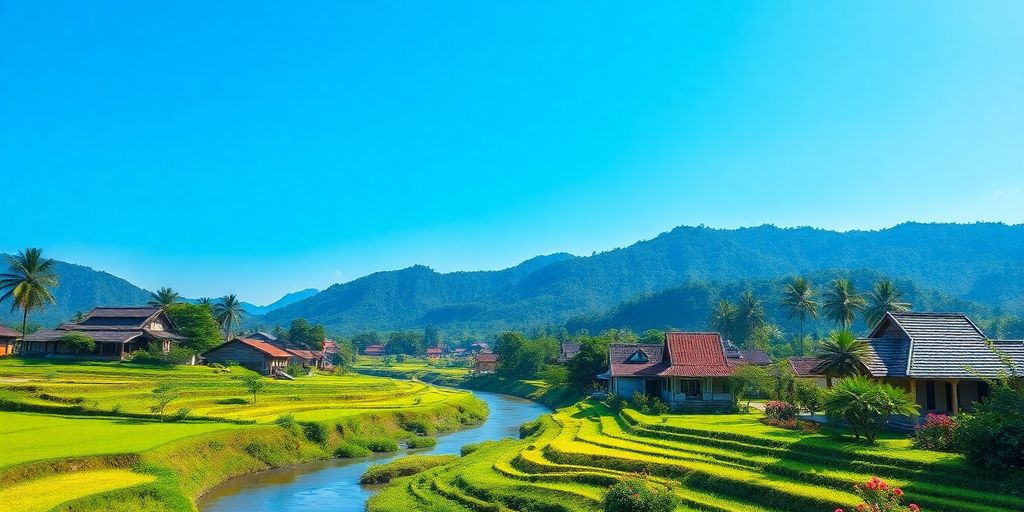 Pemandangan desa tradisional Indonesia yang indah dan alami.